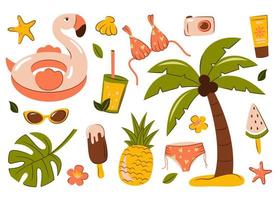 een reeks van schattig zomer pictogrammen voedsel, drankjes, palm bladeren, fruit en flamingo's. helder zomer poster. een verzameling van scrapbooking items voor een strand feest. vector illustratie