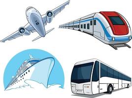 vliegtuig trein cruiseschip transport voertuig cartoon vector tekening set