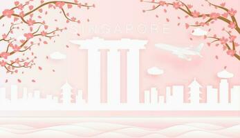 panorama reizen ansichtkaart, poster, tour reclame van wereld beroemd oriëntatiepunten van Singapore, voorjaar seizoen met bloeiend bloemen in boom vector icoon