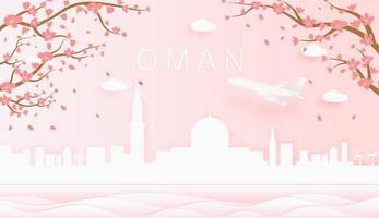 panorama reizen ansichtkaart, poster, tour reclame van wereld beroemd oriëntatiepunten van Oman, voorjaar seizoen met bloeiend bloemen in boom vector