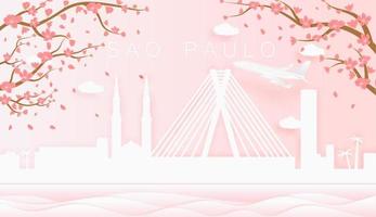 panorama reizen ansichtkaart, poster, tour reclame van wereld beroemd oriëntatiepunten van sao paulus, voorjaar seizoen met bloeiend bloemen in boom vector icoon