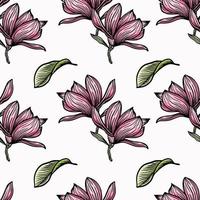 patroon naadloos met zwarte magnolia-omtrek. lente bloem hand getekend vectorillustratie. zwart en wit met lijntekeningen op een witte achtergrond vector