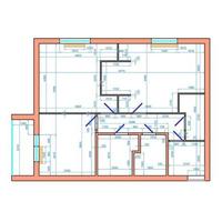 tekening appartement met afmetingen. vector blauwdruk in kleuren. twee kamers, twee badkamers en toiletten, keuken, inkomhal en loggia.