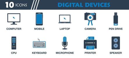 digitaal apparaten icoon set. verzameling van computer, mobiel telefoon, laptop, processor, camera, spreker, printer, pictogrammen. bewerkbare vector symbool illustratie.