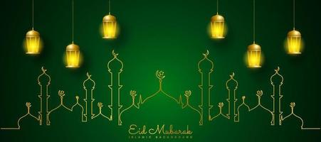 eid mubarak Ramadan kareem landschap traditioneel Islamitisch banier sjabloon achtergrond. realistisch schijnend lantaarn. Islamitisch religie concept ontwerp. vector illustratie.