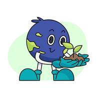 wijnoogst gelukkig schattig aarde planeet karakter mascotte Holding een klein fabriek. vector illustratie