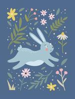 poster met konijn en bloemen elementen. schattig konijn met bladeren kader. vector illustratie