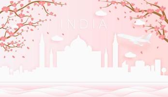 panorama reizen ansichtkaart, poster, tour reclame van wereld beroemd oriëntatiepunten van Indië, voorjaar seizoen met bloeiend bloemen in boom vector icoon