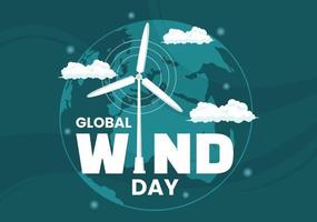 globaal wind dag vector illustratie Aan juni 15 met aarde wereldbol en winden turbines Aan blauw lucht in vlak tekenfilm hand- getrokken landen bladzijde Sjablonen