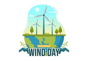 globaal wind dag vector illustratie Aan juni 15 met aarde wereldbol en winden turbines Aan blauw lucht in vlak tekenfilm hand- getrokken landen bladzijde Sjablonen