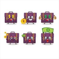 Purper koffer tekenfilm karakter met schattig emoticon brengen geld vector