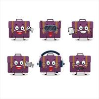 Purper koffer tekenfilm karakter zijn spelen spellen met divers schattig emoticons vector