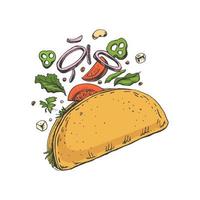 hand getekend gekleurde schetsen van taco Aan wit achtergrond. vliegend ingrediënten. ui ringen, tomaat, komkommer, bonen, tortilla. snel voedsel wijnoogst illustratie. vector