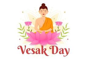 vesak dag viering vector illustratie met tempel silhouet, lotus bloem, lantaarn of Boeddha persoon in vlak tekenfilm hand- getrokken Sjablonen