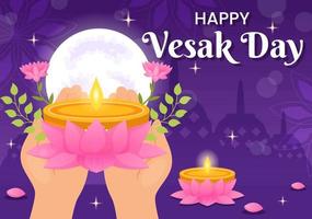 vesak dag viering vector illustratie met tempel silhouet, lotus bloem, lantaarn of Boeddha persoon in vlak tekenfilm hand- getrokken Sjablonen