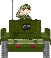 schattig tekenfilm groeten leger soldaat in gepantserd tank leger geschiedenis illustratie vector