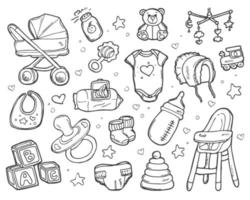 tekening baby kinderkamer pictogrammen set. vector nieuw geboren schetsen.