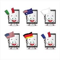 tablet tekenfilm karakter brengen de vlaggen van divers landen vector