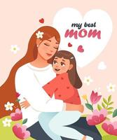 moeder dag. moeder en dochter knuffel. een ansichtkaart voor de het beste mama. tekenfilm vector illustratie