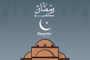 modern stijl Ramadan mubarak groet kaarten ontwerp, maan, moskee koepel en lantaarns. Ramadan kareem vector groet post ontwerp. Islamitisch vakantie icoon concept. Ramadan kareem Arabisch schoonschrift ontwerp.