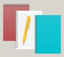 drie blocnotes en een pen. vector illustratie