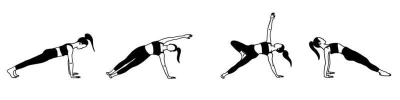 flexibiliteit yoga poses verzameling. zwart en wit. vrouw, dame, vrouw, meisje. meditatie, pilates, mentaal Gezondheid, opleiding, Sportschool. vector illustratie in tekenfilm vlak stijl geïsoleerd.