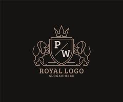 eerste pw brief leeuw Koninklijk luxe logo sjabloon in vector kunst voor restaurant, royalty, boetiek, cafe, hotel, heraldisch, sieraden, mode en andere vector illustratie.