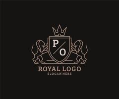 eerste po brief leeuw Koninklijk luxe logo sjabloon in vector kunst voor restaurant, royalty, boetiek, cafe, hotel, heraldisch, sieraden, mode en andere vector illustratie.