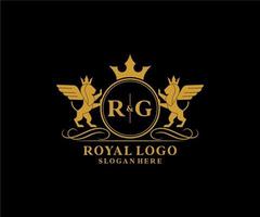 eerste rg brief leeuw Koninklijk luxe heraldisch, wapen logo sjabloon in vector kunst voor restaurant, royalty, boetiek, cafe, hotel, heraldisch, sieraden, mode en andere vector illustratie.