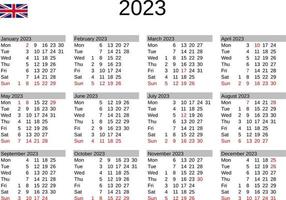 jaar 2023 kalender in Engels met Verenigde koninkrijk vakantie vector