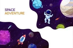 astronaut in buitenste ruimte, tekenfilm heelal landschap vector