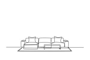 doorlopend een lijn tekening interieur van de leven kamer met sofa en decoratie accessoires. leven kamer concept. single lijn trek ontwerp vector grafisch illustratie.