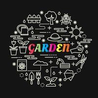 tuin kleurrijke kleurovergang belettering met lijn pictogrammen vector