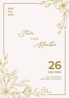 minimalistische bruiloft uitnodiging sjabloon met goud hand- getrokken bladeren en bloemen decoratie vector
