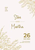 minimalistische bruiloft uitnodiging sjabloon met goud hand- getrokken bladeren en bloemen decoratie vector