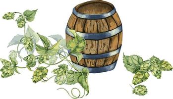 banier van houten bier vat en hop Liaan waterverf illustratie geïsoleerd Aan wit achtergrond. vector