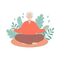 senior Mens zit met gekruiste benen en mediteert met bladeren achtergrond. oud Mens maakt ochtend- yoga of ademen opdrachten. vector
