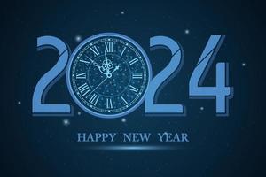2024 abstract blauw laag poly klok en aantal 2024 met meetkundig abstract achtergrond in retro stijl. vieren feest. gelukkig nieuw jaar. vector
