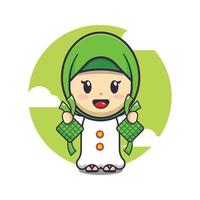 schattig meisje Holding ketupat tekenfilm vector illustratie. Ramadan tekenfilm mascotte vector illustratie.