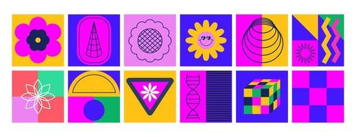 modern speels geometrie, elementen, bloemen, glimlacht, lijn kunst, geruit bord. y2k, jaren 70, jaren 80, 90s wijnoogst stijlvol. retro abstract futuristische vormen, pleisters, insignes. sticker pak. vector