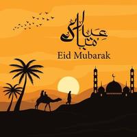 eid mubarak post sjabloon ontwerp met moskee, datum palm en camal in de zonnebank en licht helling eid mubarak vector ontwerp.