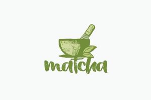 matcha logo met een combinatie van een kop van matcha, vliegenmepper en thee bladeren in wijnoogst stijl. vector