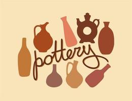 vector reeks van klei gebruiksvoorwerpen. pottenbakkerij vector. keramisch servies. pottenbakkerij belettering.