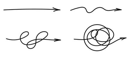 chaotisch zwart lijn verstrikt pijl. pad lijn draad. chaotisch gedachte werkwijze. vector geïsoleerd illustratie