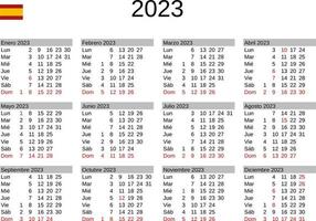 jaar 2023 kalender in Spaans met Spanje vakantie vector