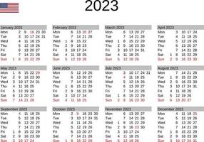 jaar 2023 kalender in Engels met Verenigde staten vakantie vector