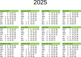 jaar 2025 kalender in Engels vector