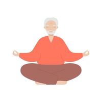 senior Mens zit met gekruiste benen en mediteert. oud Mens maakt ochtend- yoga of ademen opdrachten. vector