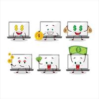 laptop tekenfilm karakter met schattig emoticon brengen geld vector