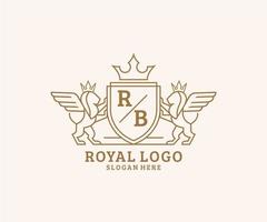 eerste rb brief leeuw Koninklijk luxe heraldisch, wapen logo sjabloon in vector kunst voor restaurant, royalty, boetiek, cafe, hotel, heraldisch, sieraden, mode en andere vector illustratie.